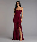 Burgundy Ruched Mermaid Spaghetti Strap Maxi Dress with Ruffled Prom Dress Side Leg Slit
