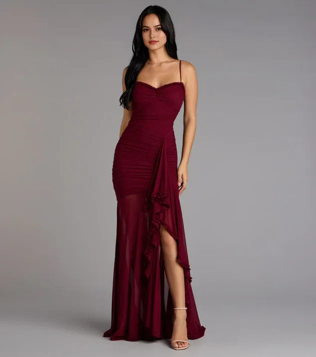 Burgundy Ruched Mermaid Spaghetti Strap Maxi Dress with Ruffled Prom Dress Side Leg Slit