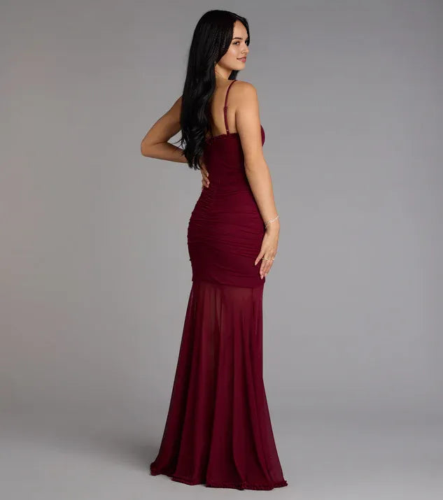 Burgundy Ruched Mermaid Spaghetti Strap Maxi Dress with Ruffled Prom Dress Side Leg Slit