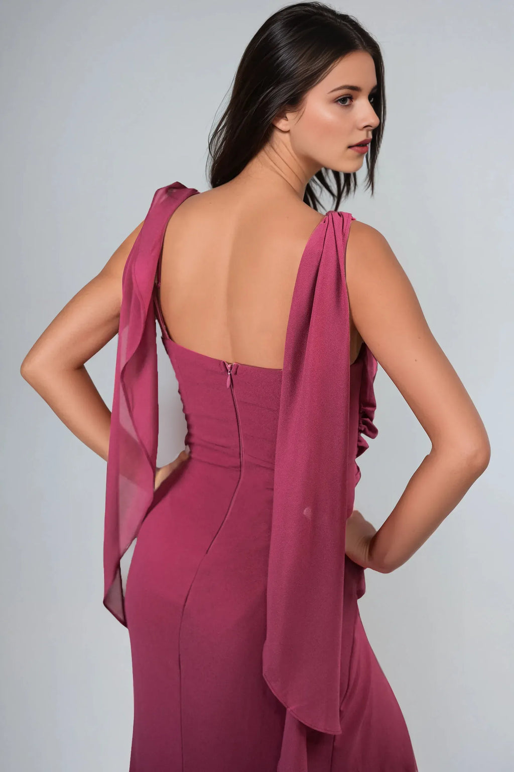 Mermaid Cowl Neck Draped-Shoulder Back Zip High-Slit Floor-Length Prom Dresses for women