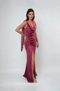 Mermaid Cowl Neck Draped-Shoulder Back Zip High-Slit Floor-Length Prom Dresses for women