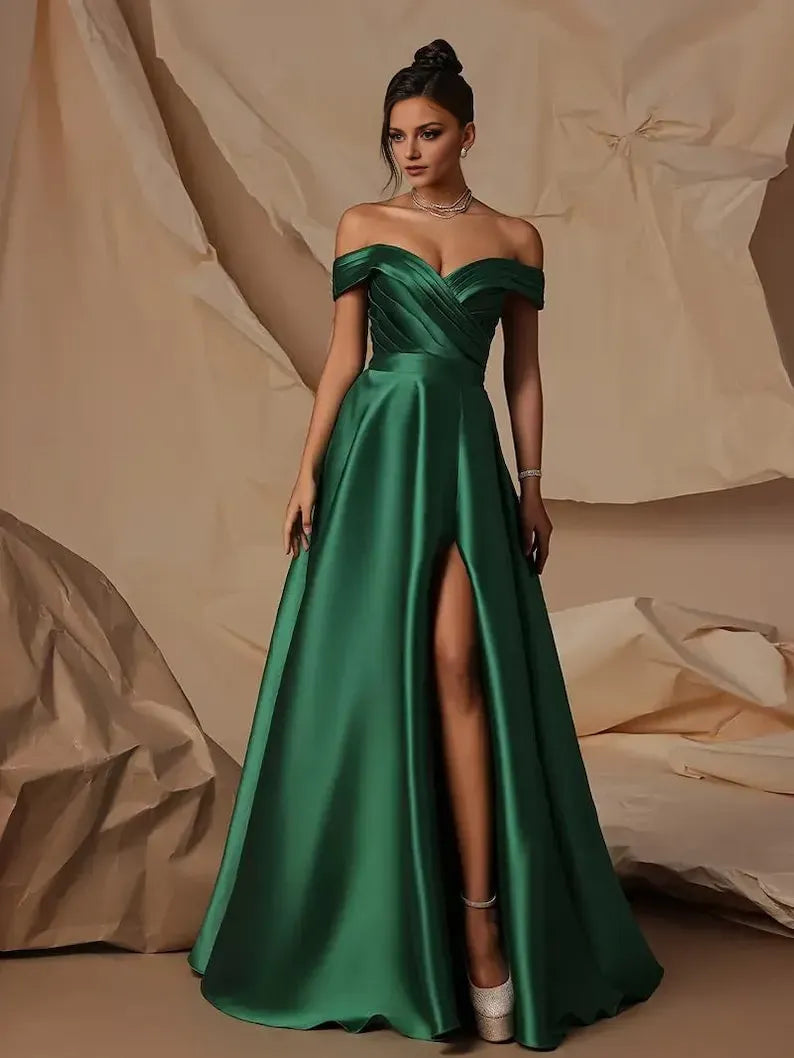 Green Emerald A-Line Off-Shoulder Sleeveless Lace-Up Back Slit Floor-Length Prom Dress