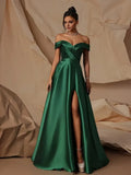 Green Emerald A-Line Off-Shoulder Sleeveless Lace-Up Back Slit Floor-Length Prom Dress