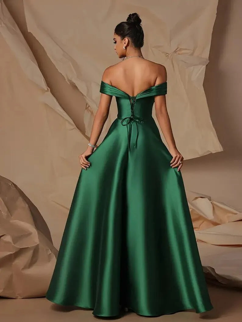 Green Emerald A-Line Off-Shoulder Sleeveless Lace-Up Back Slit Floor-Length Prom Dress