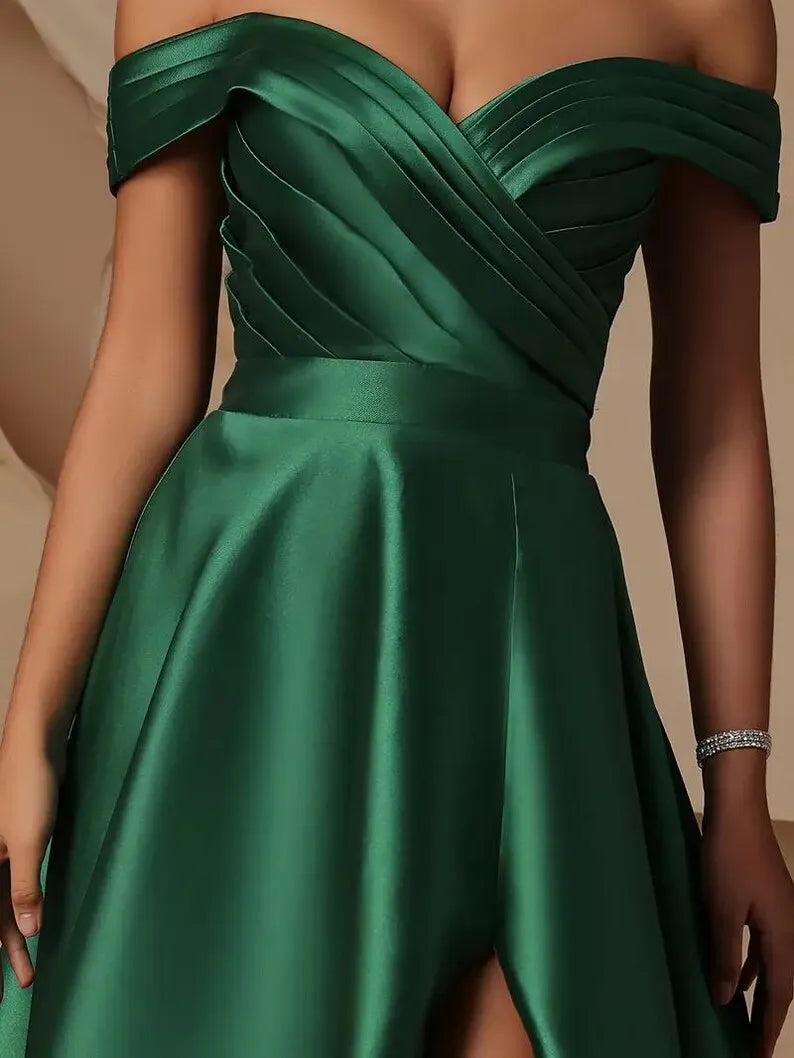 Green Emerald A-Line Off-Shoulder Sleeveless Lace-Up Back Slit Floor-Length Prom Dress