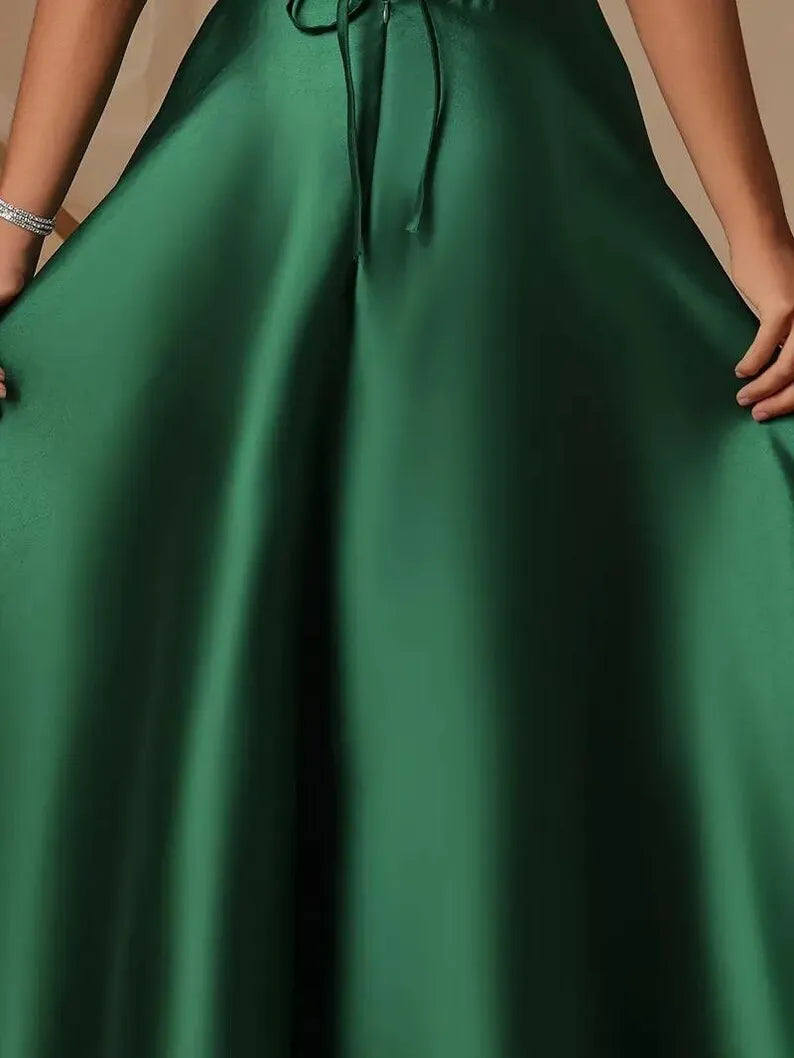 Green Emerald A-Line Off-Shoulder Sleeveless Lace-Up Back Slit Floor-Length Prom Dress
