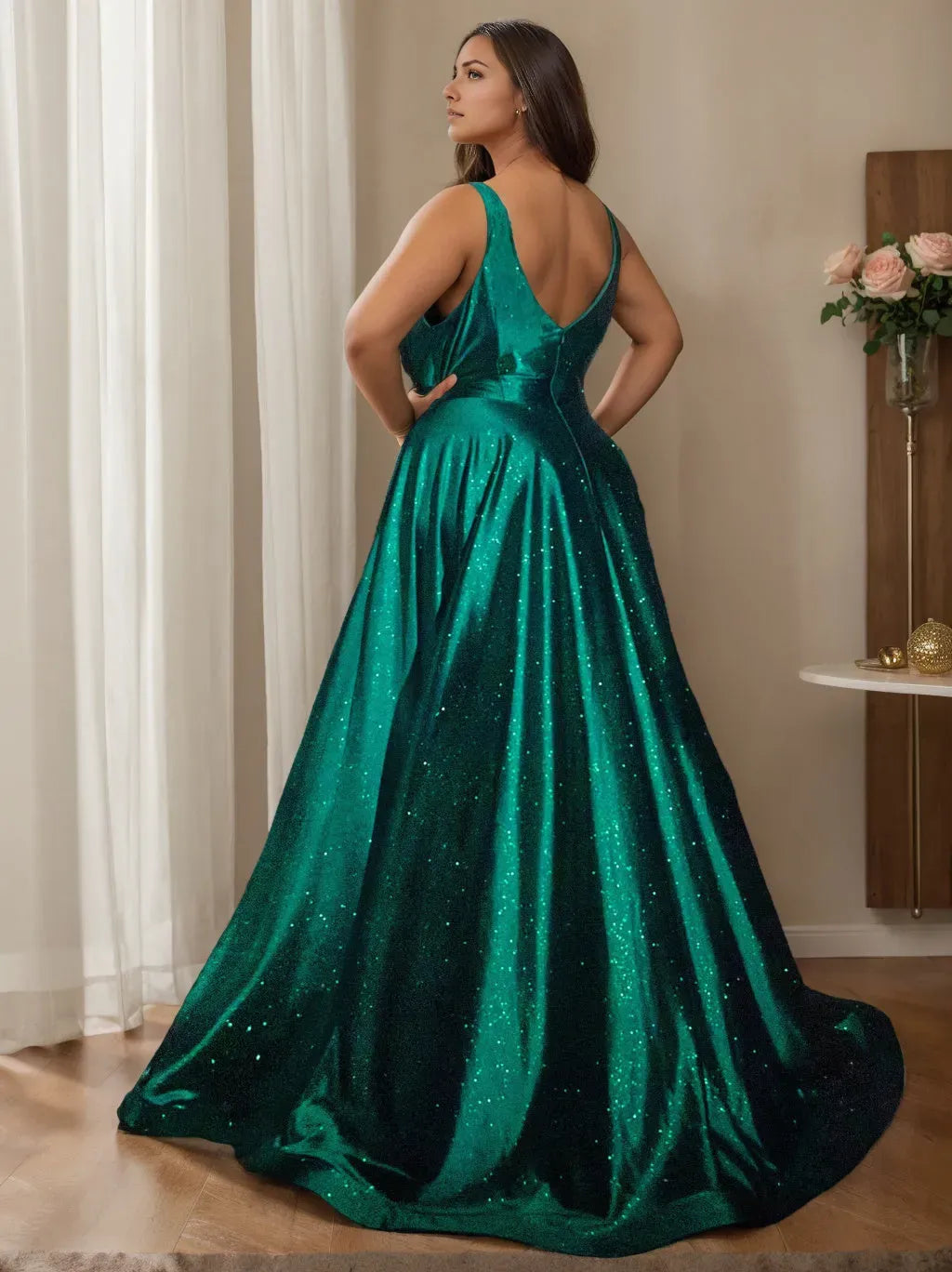 Green Emerald A-Line V-Neck Sleeveless Back Zip Glitter Slit Floor-Length Plus-Size Prom Dresses with Split Side