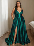 Green Emerald A-Line V-Neck Sleeveless Back Zip Glitter Slit Floor-Length Plus-Size Prom Dresses with Split Side