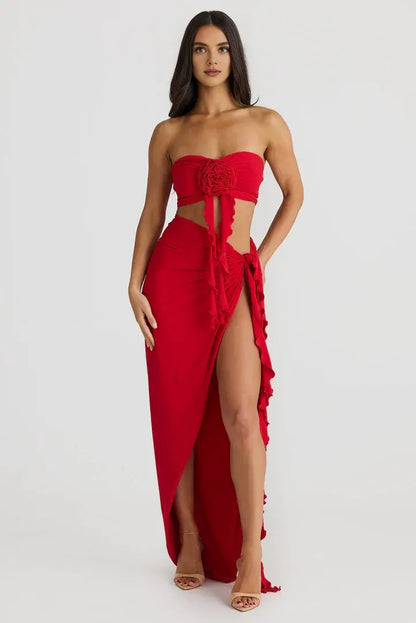 Timeless Special Occasion Sophisticated Graceful Elegant Red Strapless Sleeveless Floor-Length Prom Dress