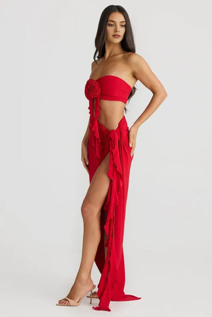 Timeless Special Occasion Sophisticated Graceful Elegant Red Strapless Sleeveless Floor-Length Prom Dress