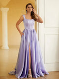 Lavender A-Line Square Neck Sleeveless Lace-Up Back Floor-Length Ruffles Prom Dresses with High Slit