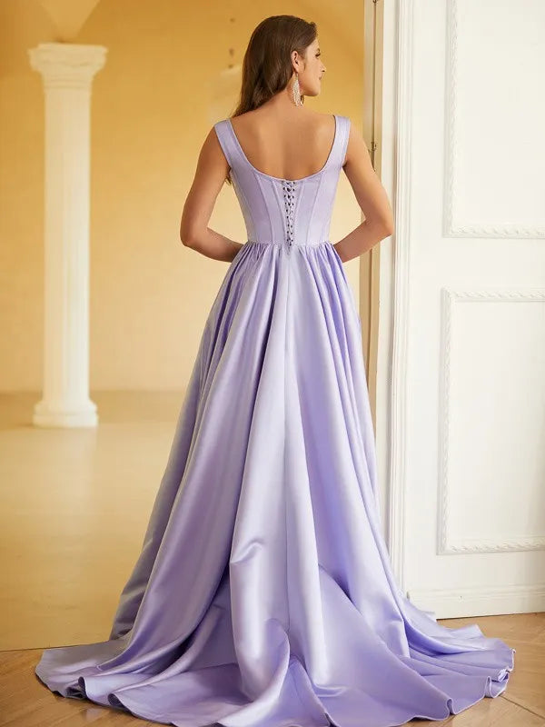 Lavender A-Line Square Neck Sleeveless Lace-Up Back Floor-Length Ruffles Prom Dresses with High Slit