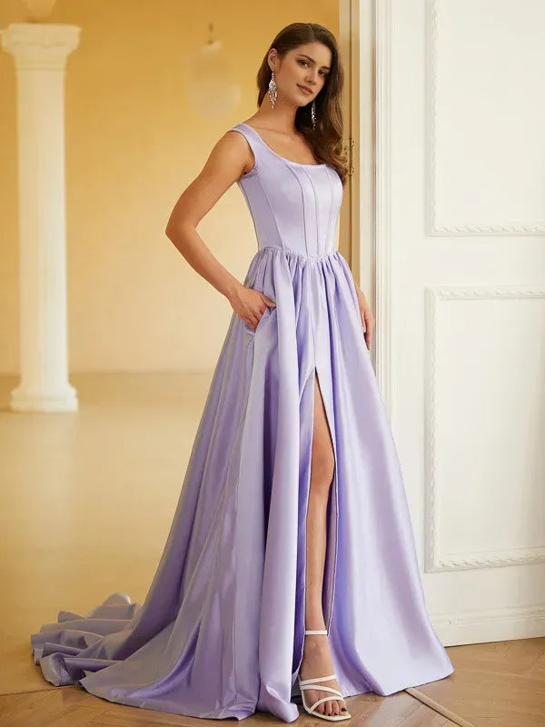Lavender A-Line Square Neck Sleeveless Lace-Up Back Floor-Length Ruffles Prom Dresses with High Slit