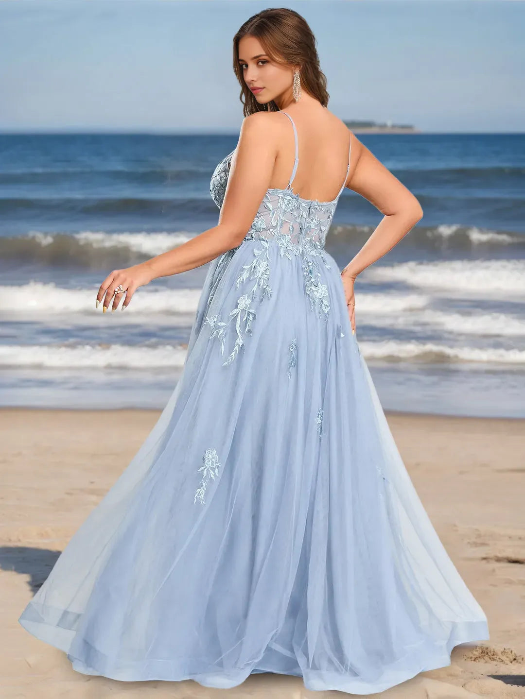 Light Blue A-Line V-Neck Sleeveless Floor-Length Plus Size Prom Dresses With Appliques