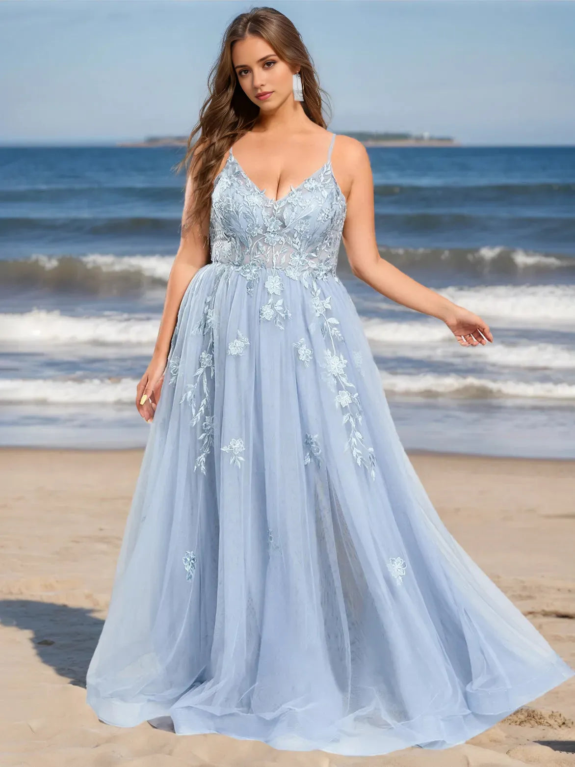 Light Blue A-Line V-Neck Sleeveless Floor-Length Plus Size Prom Dresses With Appliques