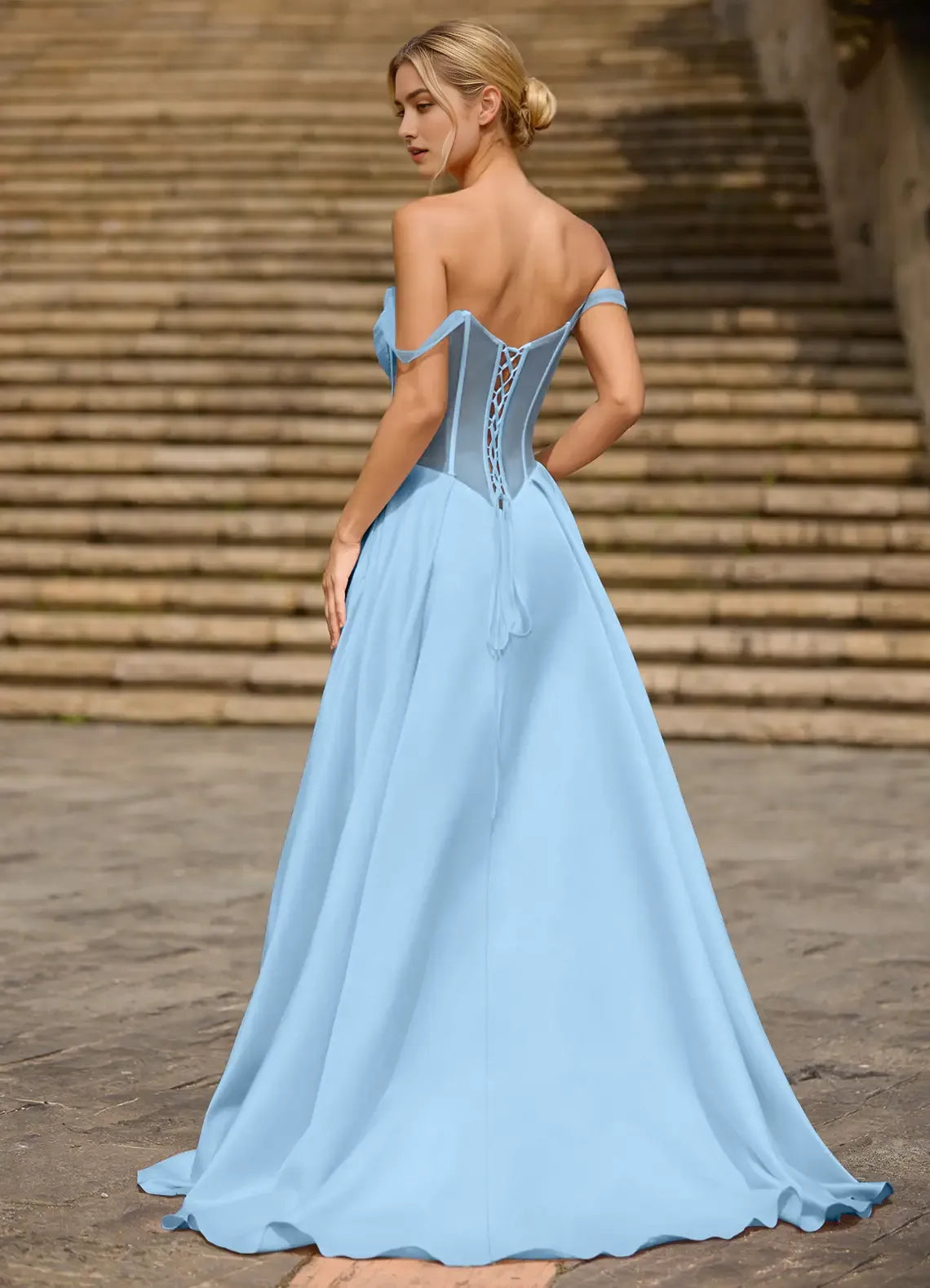 Light Blue A-line Off-Shoulder Sleeveless Cutout Pleated Lace-up High-Slit Floor-Length Prom Dress