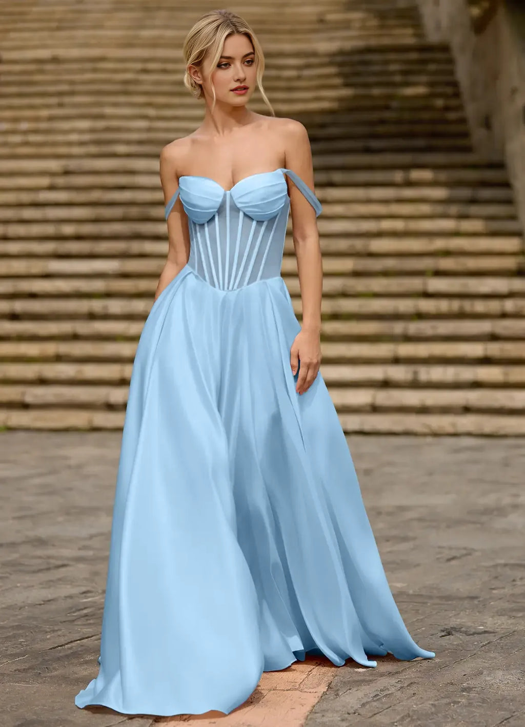 Light Blue A-line Off-Shoulder Sleeveless Cutout Pleated Lace-up High-Slit Floor-Length Prom Dress