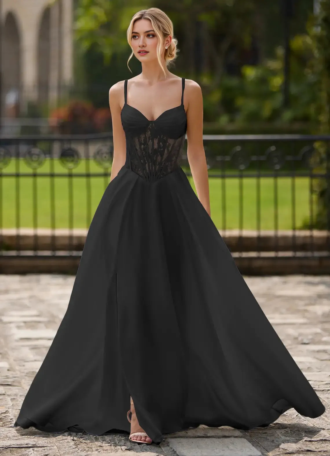 Yellow Light A -Line Sweetheart Neck Cutout Pleated Lace-up Floor-Length High-Slit Prom Dress