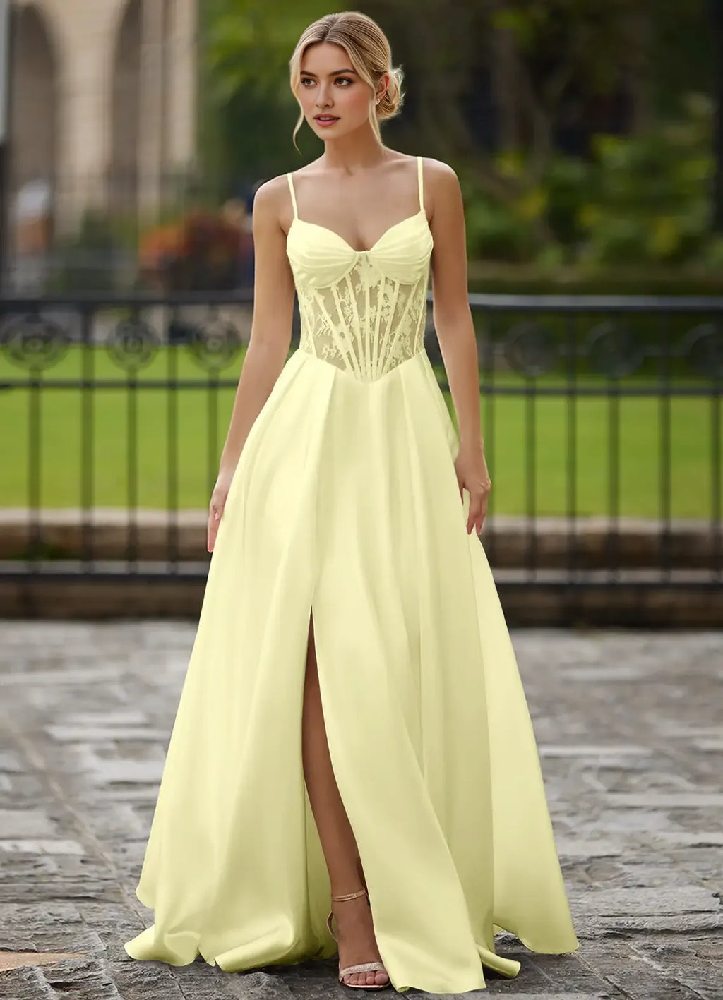 Yellow Light A -Line Sweetheart Neck Cutout Pleated Lace-up Floor-Length High-Slit Prom Dress