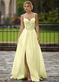 Yellow Light A -Line Sweetheart Neck Cutout Pleated Lace-up Floor-Length High-Slit Prom Dress