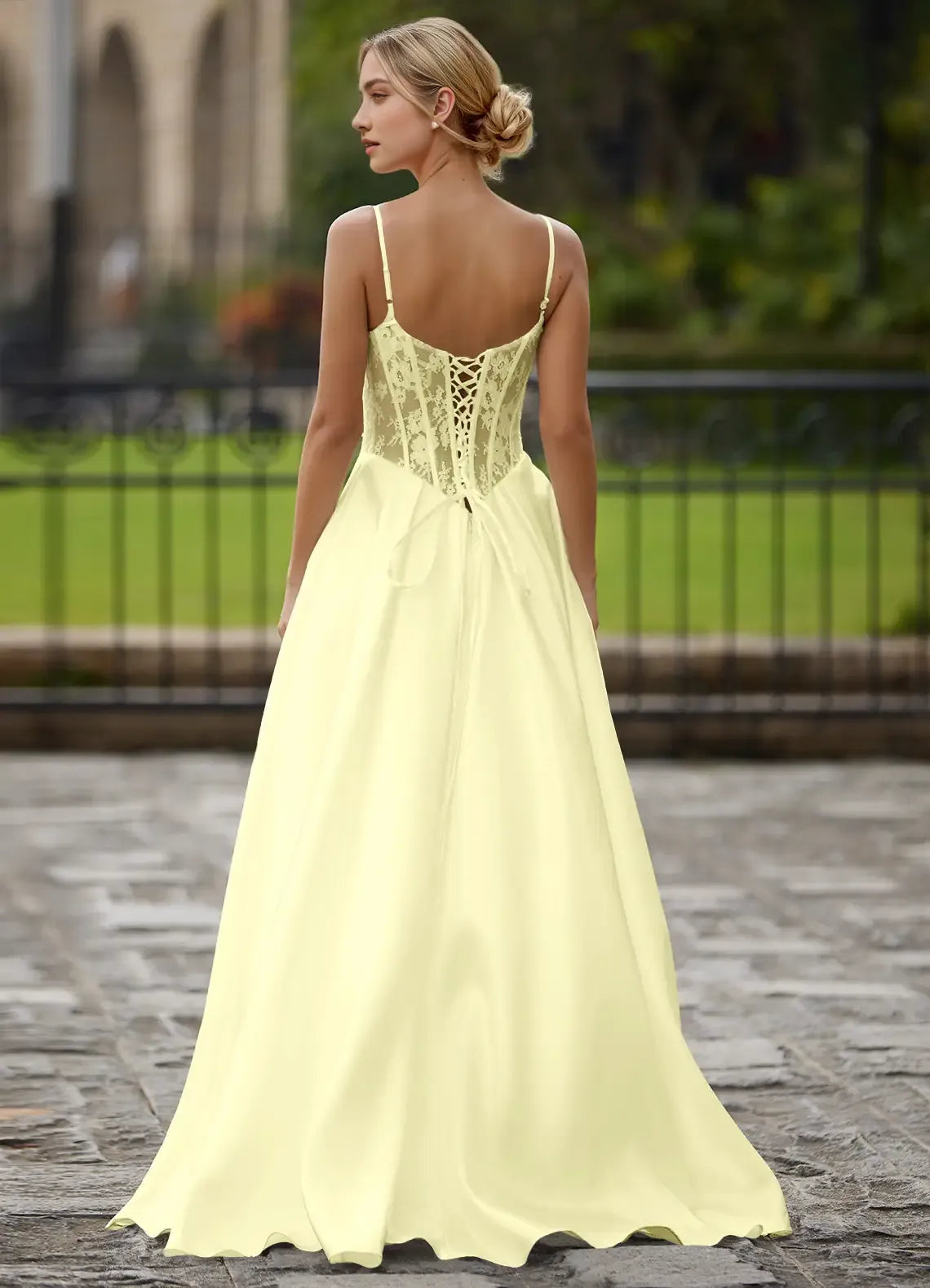 Yellow Light A -Line Sweetheart Neck Cutout Pleated Lace-up Floor-Length High-Slit Prom Dress