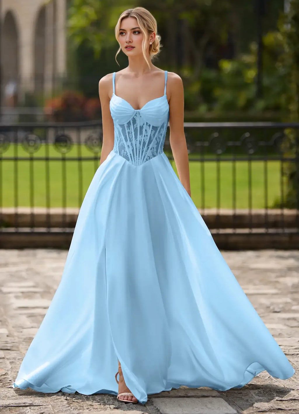 Yellow Light A -Line Sweetheart Neck Cutout Pleated Lace-up Floor-Length High-Slit Prom Dress