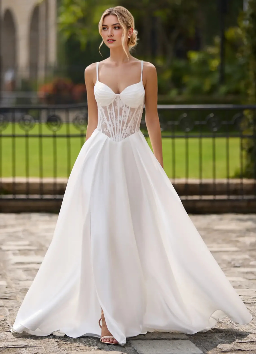 Yellow Light A -Line Sweetheart Neck Cutout Pleated Lace-up Floor-Length High-Slit Prom Dress