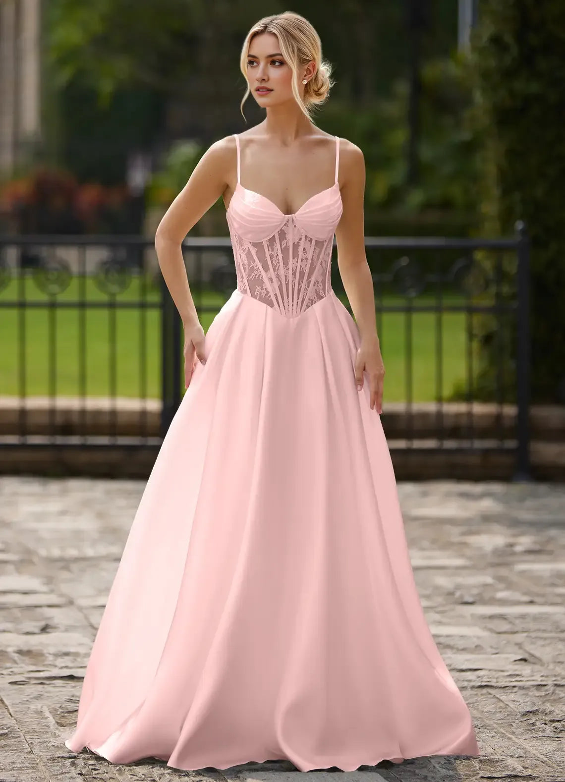 Yellow Light A -Line Sweetheart Neck Cutout Pleated Lace-up Floor-Length High-Slit Prom Dress