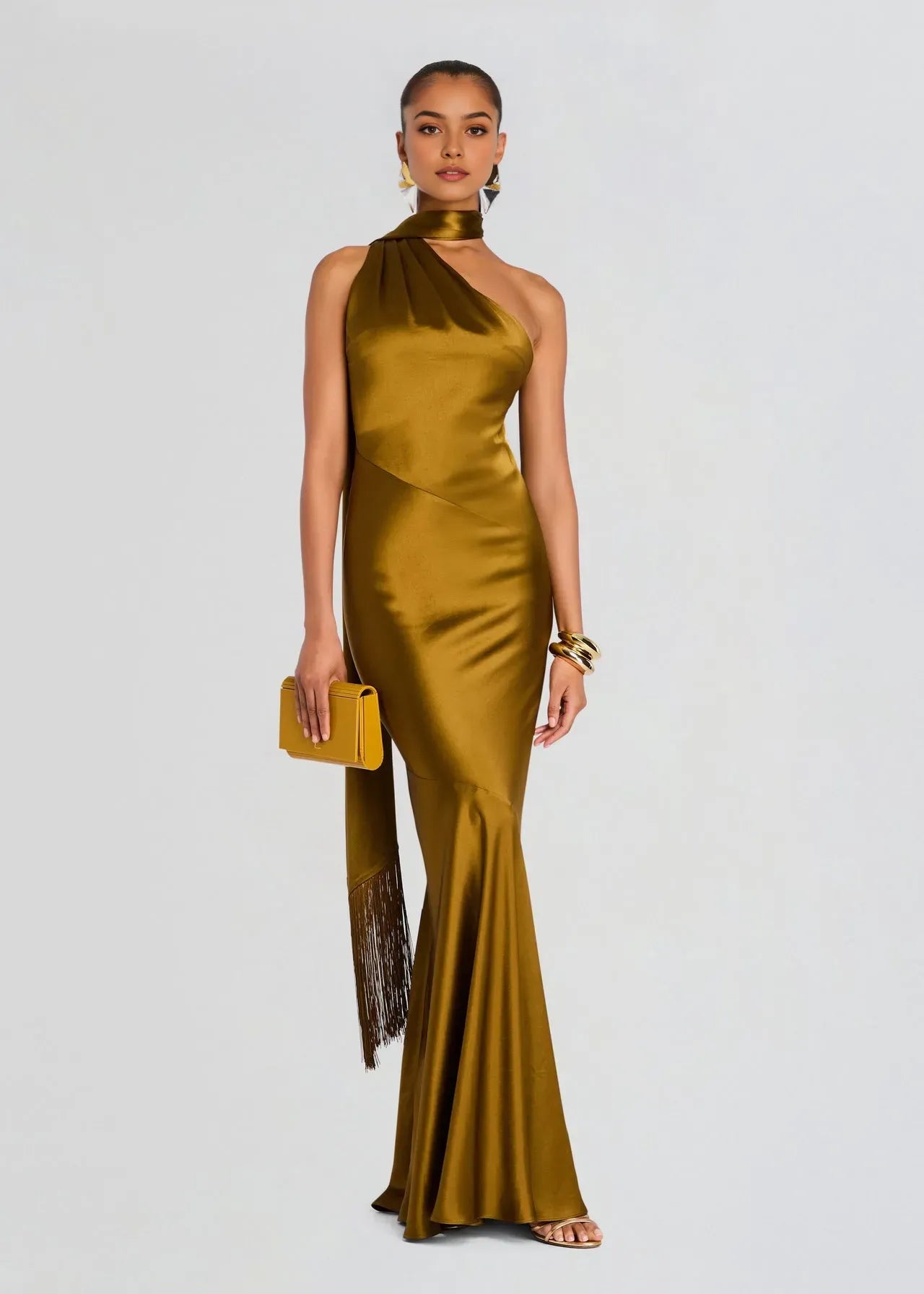 Mermaid One-Shoulder Sleeveless Backless Tassel Floor-Length Prom Dresses
