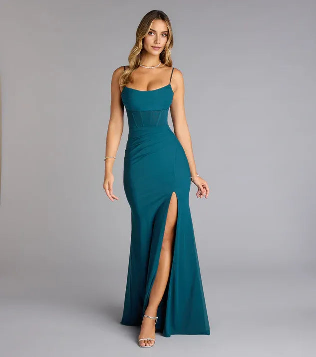 Mermaid Square Neck Spaghetti Straps Lace-Up Floor-Length High front slit Prom Dresses