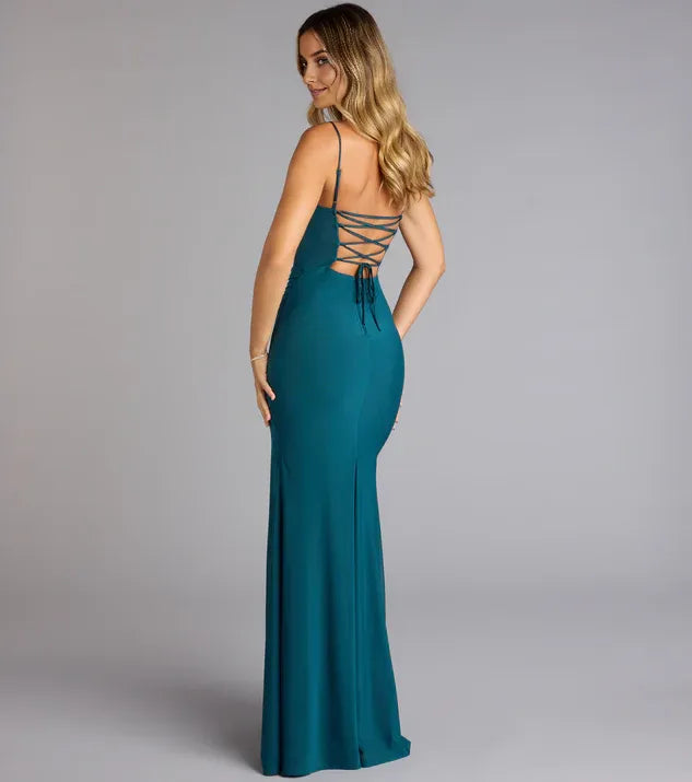 Mermaid Square Neck Spaghetti Straps Lace-Up Floor-Length High front slit Prom Dresses
