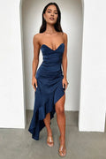 Graceful Stylish Refined Elegant Navy Blue Satin Mermaid Sweetheart Sleeveless Prom Dress