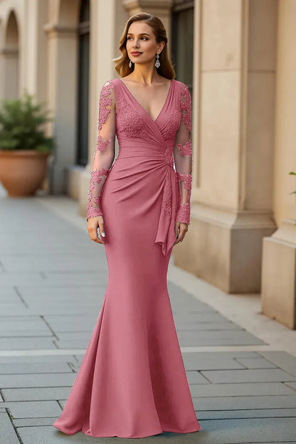 Elegant Black Lace Mermaid V-Neck Long Sleeve Floor-Length Mother of the Bride Dress