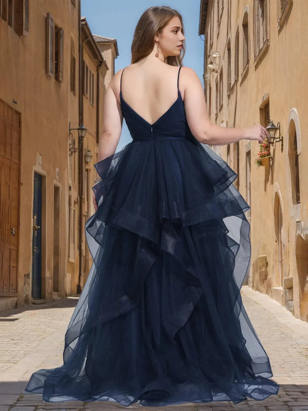 Navy Blue A-Line V-Neck Spaghetti Straps Back Zip Tiered Slit Floor-Length Plus Size Prom Dresses with Split Side