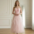 Pink A-Line Sweetheart Neck Strapless Back Zip 3D Floral Ruffled Tea-Length Prom Dress