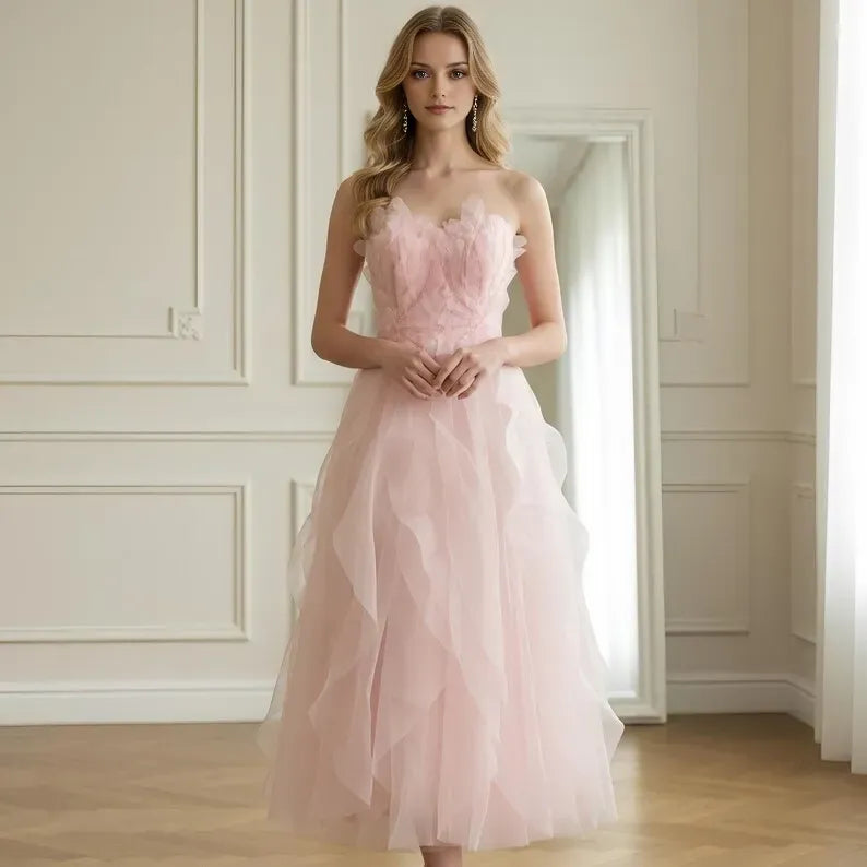 Pink A-Line Sweetheart Neck Strapless Back Zip 3D Floral Ruffled Tea-Length Prom Dress