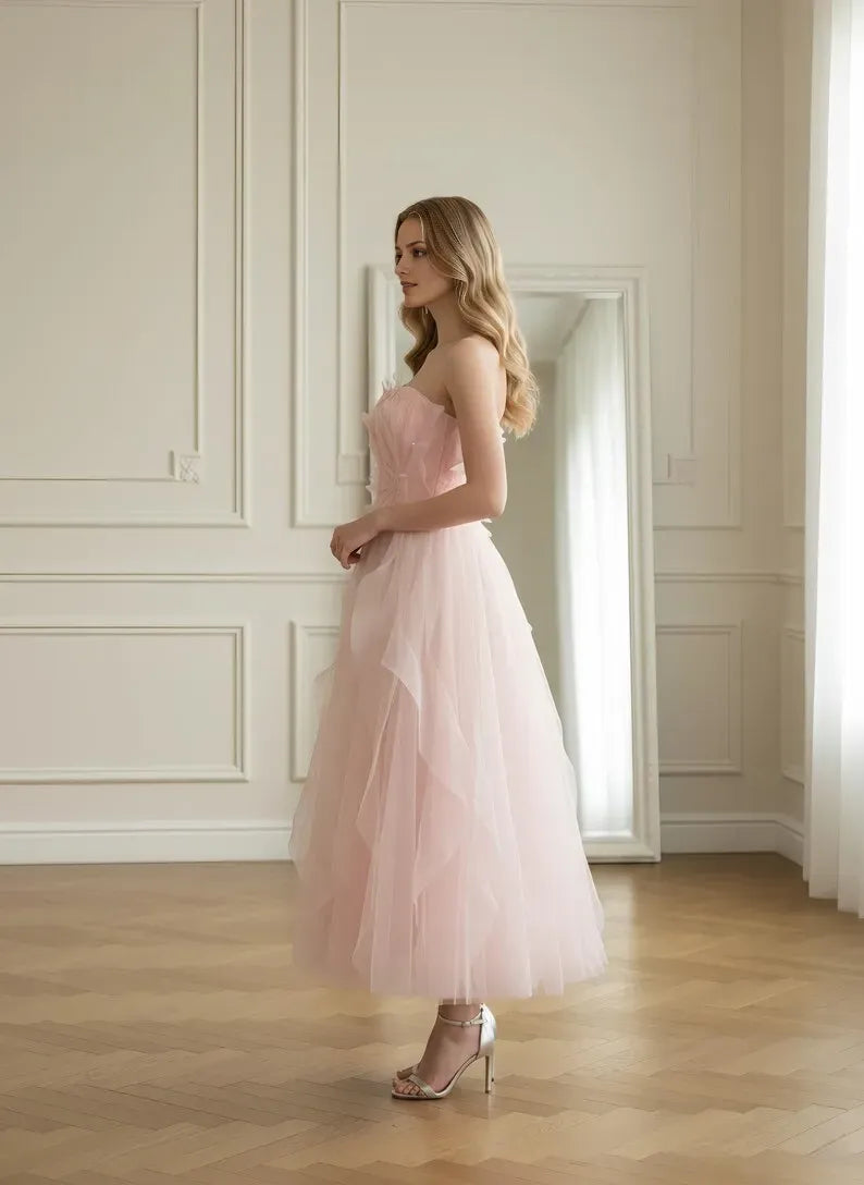 Pink A-Line Sweetheart Neck Strapless Back Zip 3D Floral Ruffled Tea-Length Prom Dress
