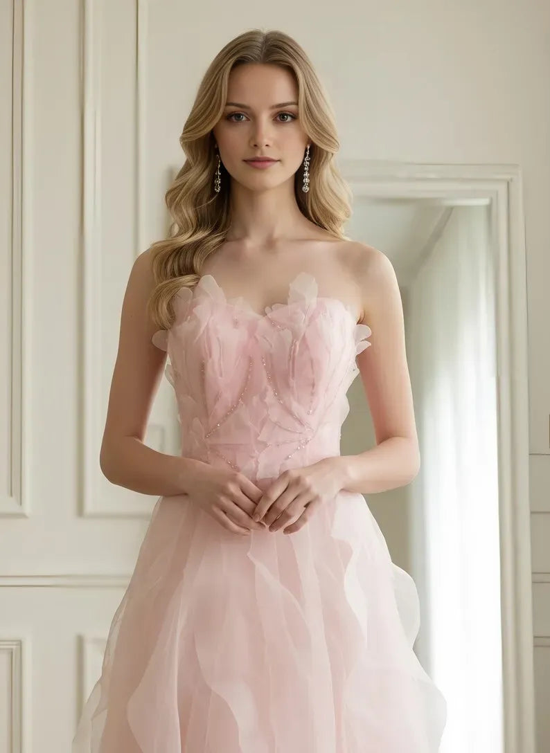 Pink A-Line Sweetheart Neck Strapless Back Zip 3D Floral Ruffled Tea-Length Prom Dress