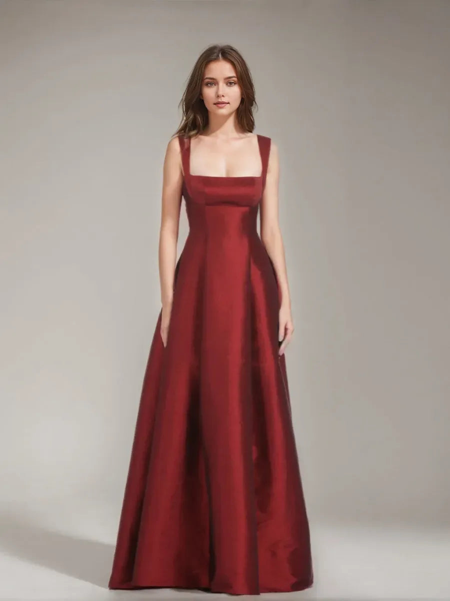 Red A-Line Square Neckline Sleeveless Bow Back Floor -Length Prom Dresses with Bowknot