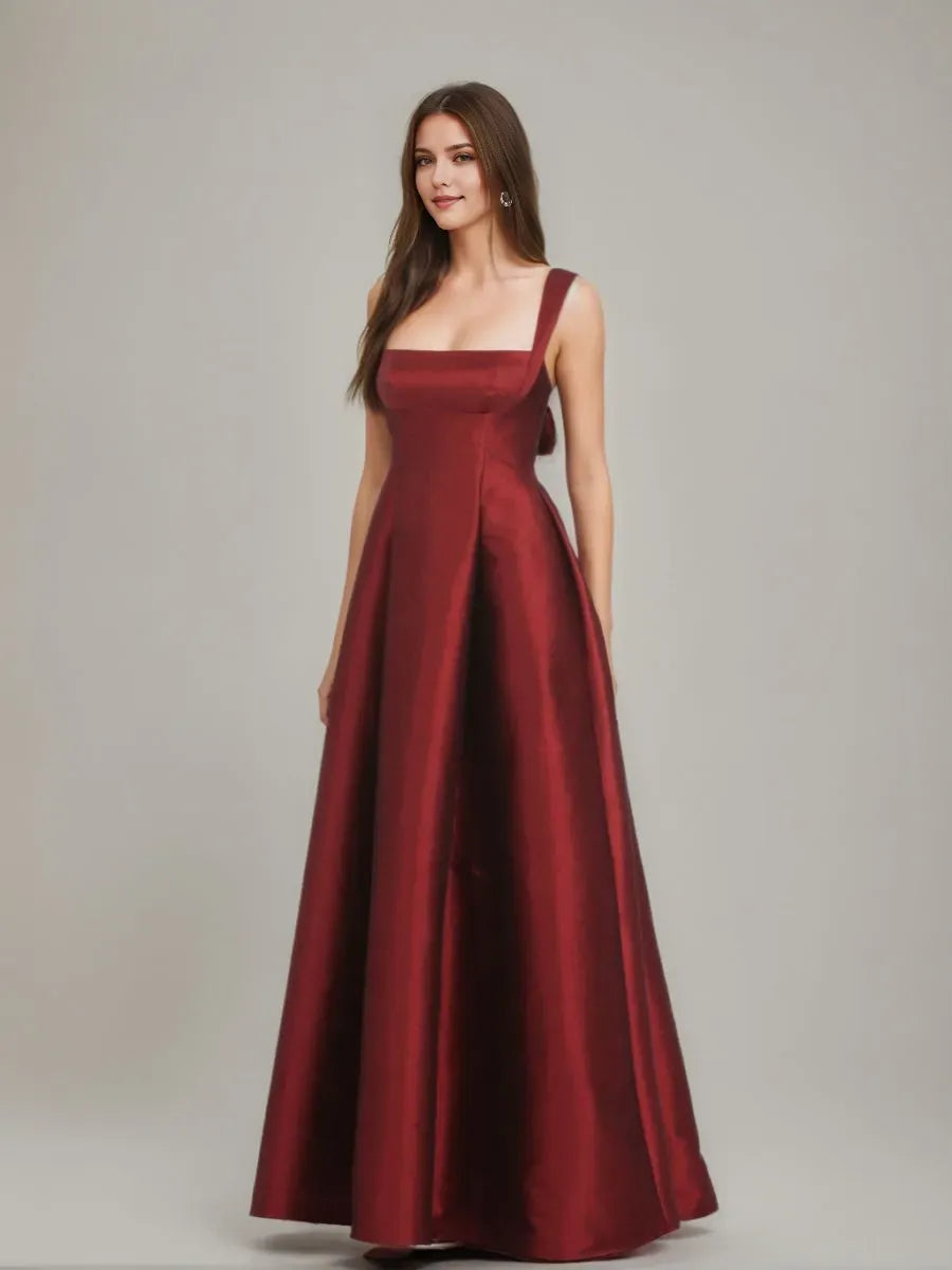 Red A-Line Square Neckline Sleeveless Bow Back Floor -Length Prom Dresses with Bowknot