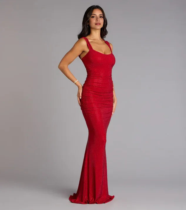 Red Ruched Square Neck Sleeveless Back Zip Mermaid Maxi Prom Dress