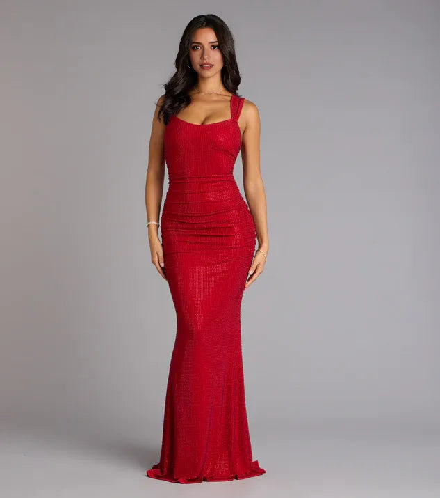 Red Ruched Square Neck Sleeveless Back Zip Mermaid Maxi Prom Dress