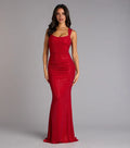 Red Ruched Square Neck Sleeveless Back Zip Mermaid Maxi Prom Dress