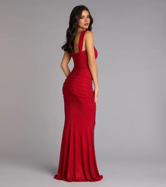 Red Ruched Square Neck Sleeveless Back Zip Mermaid Maxi Prom Dress