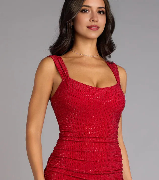 Red Ruched Square Neck Sleeveless Back Zip Mermaid Maxi Prom Dress