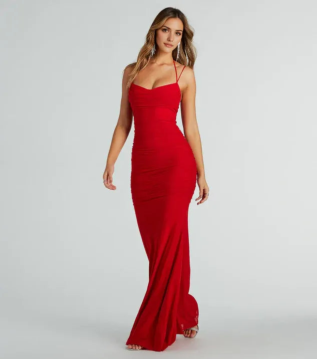 Red cowl neckline Sleeveless Ruched Spaghetti Strap Back Zip Mermaid Floor-length Prom dress women