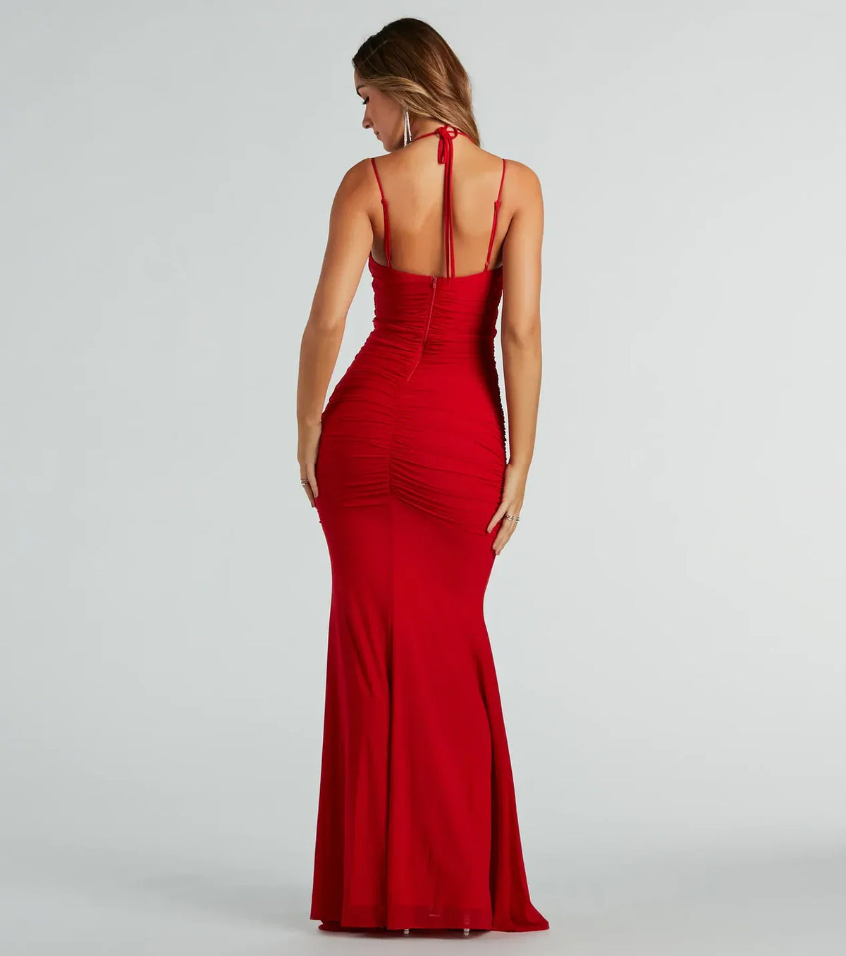 Red cowl neckline Sleeveless Ruched Spaghetti Strap Back Zip Mermaid Floor-length Prom dress women