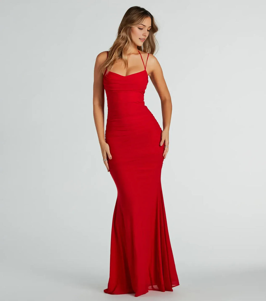 Red cowl neckline Sleeveless Ruched Spaghetti Strap Back Zip Mermaid Floor-length Prom dress women