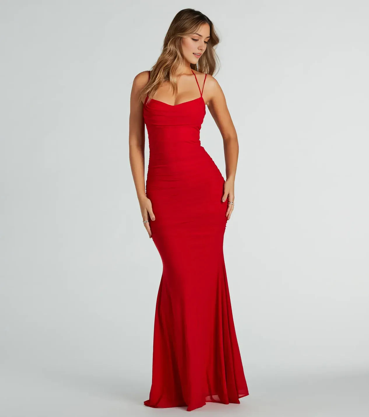 Red cowl neckline Sleeveless Ruched Spaghetti Strap Back Zip Mermaid Floor-length Prom dress women