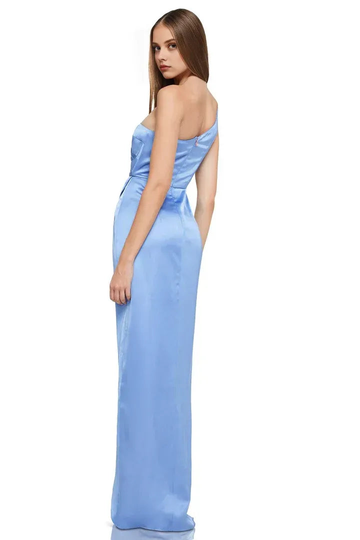 Special Occasion Sophisticated Elegant Light Blue Satin Sheath Sleeveless Floor-Length Prom Dress